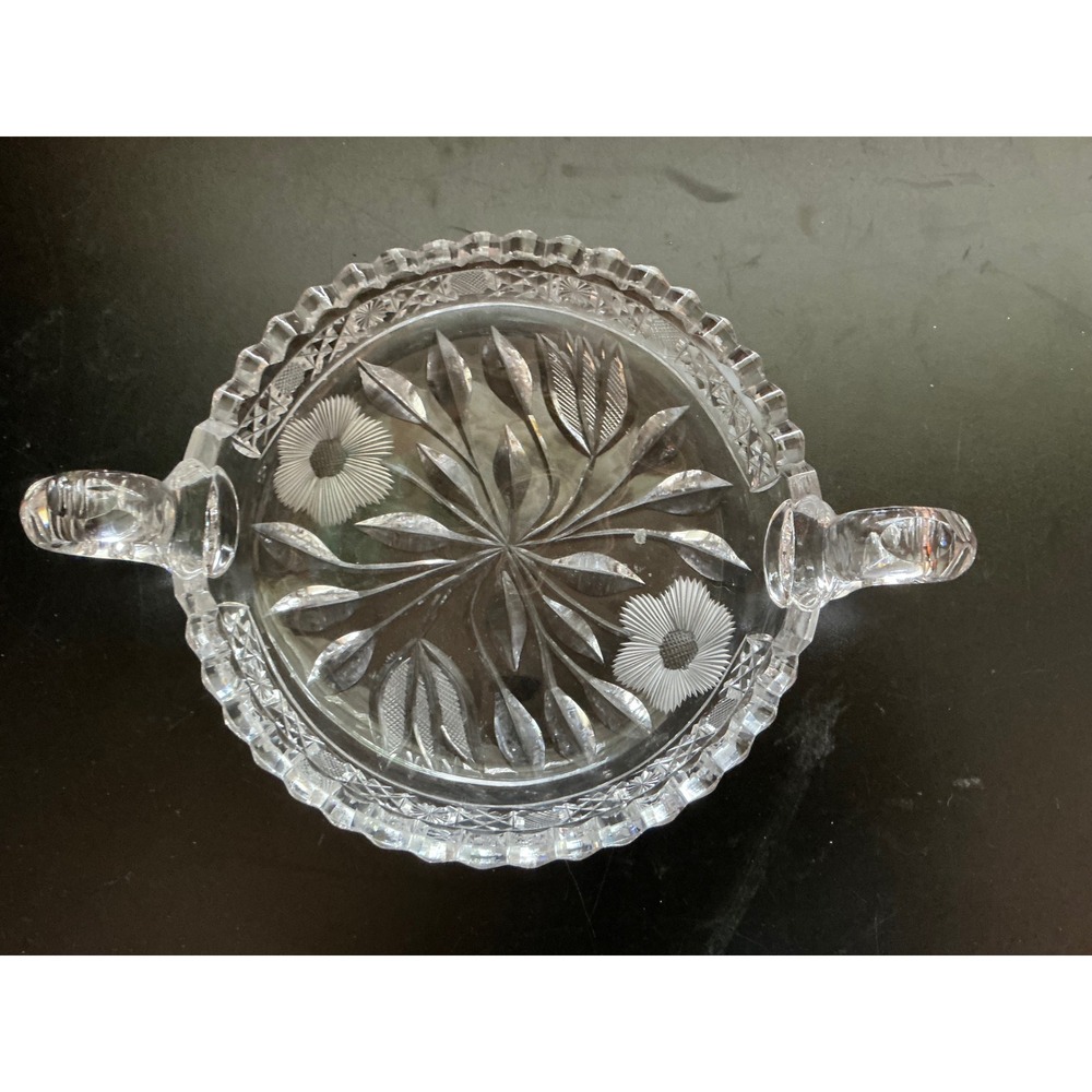 Vintage ABP Style Cut Glass Nappy Dish Double Handled Starburst Floral 8.5in